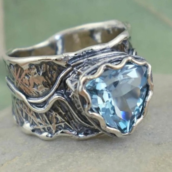 Boho Blue Gemstone Zirconia Wide Vintage Inspired, Silver Plated Fairy, Ring - Picture 9 of 12